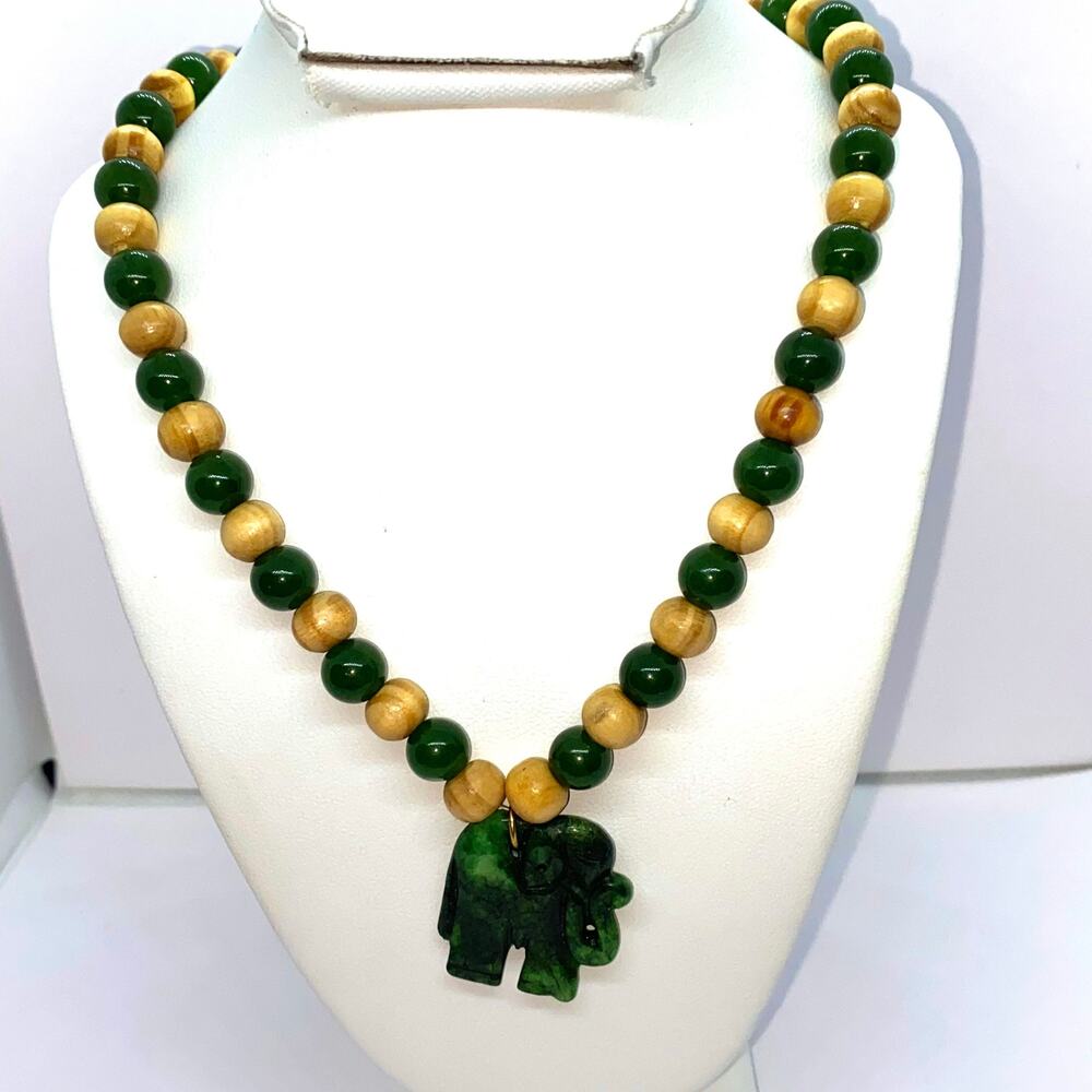 Handmade Beaded Wood & Green Elephant Necklace